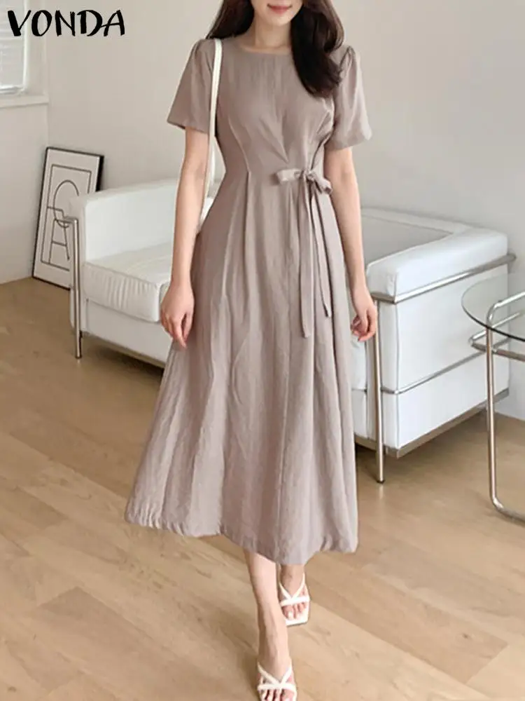 2023 летний элегантный сарафан VONDA, женское длинное платье-рубашка с коротким пышным рукавом, повседневное Плиссированное Бандажное платье, однотонное платье 
2023 летний элегантный сарафан VONDA, женское длинное платье-рубашка с коротким пышным рукавом, повседневное Плиссированное Бандажное платье, однотонное платье
