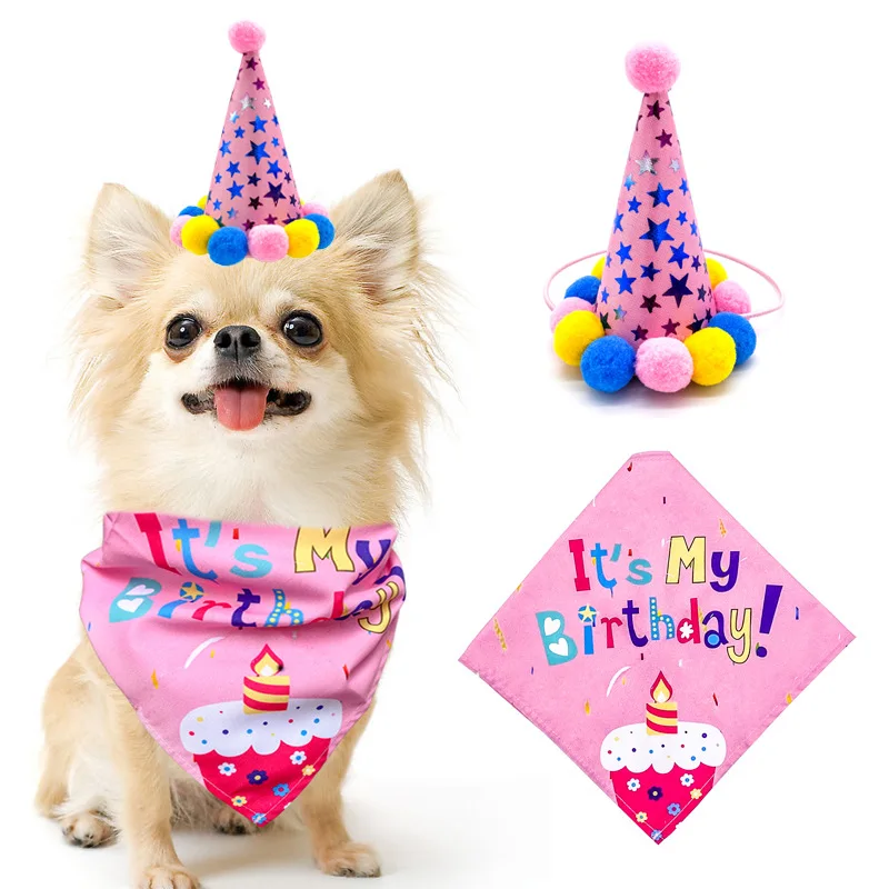 

Pet Cats Dogs Birthday Triangle Bandage Party Saliva Towel Hat Set for Pet Store Hospital Holiday Gift Promotion Supplies