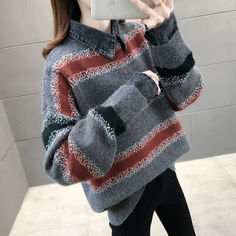 Women Color Matching Detachable Fake Two Piece Knitted Sweater Denim Patchwork Collar Striped Pullover Autumn Winter 2021 Tops
Women Color Matching Detachable Fake Two Piece Knitted Sweater Denim Patchwork Collar Striped Pullover Autumn Winter 2021 Tops