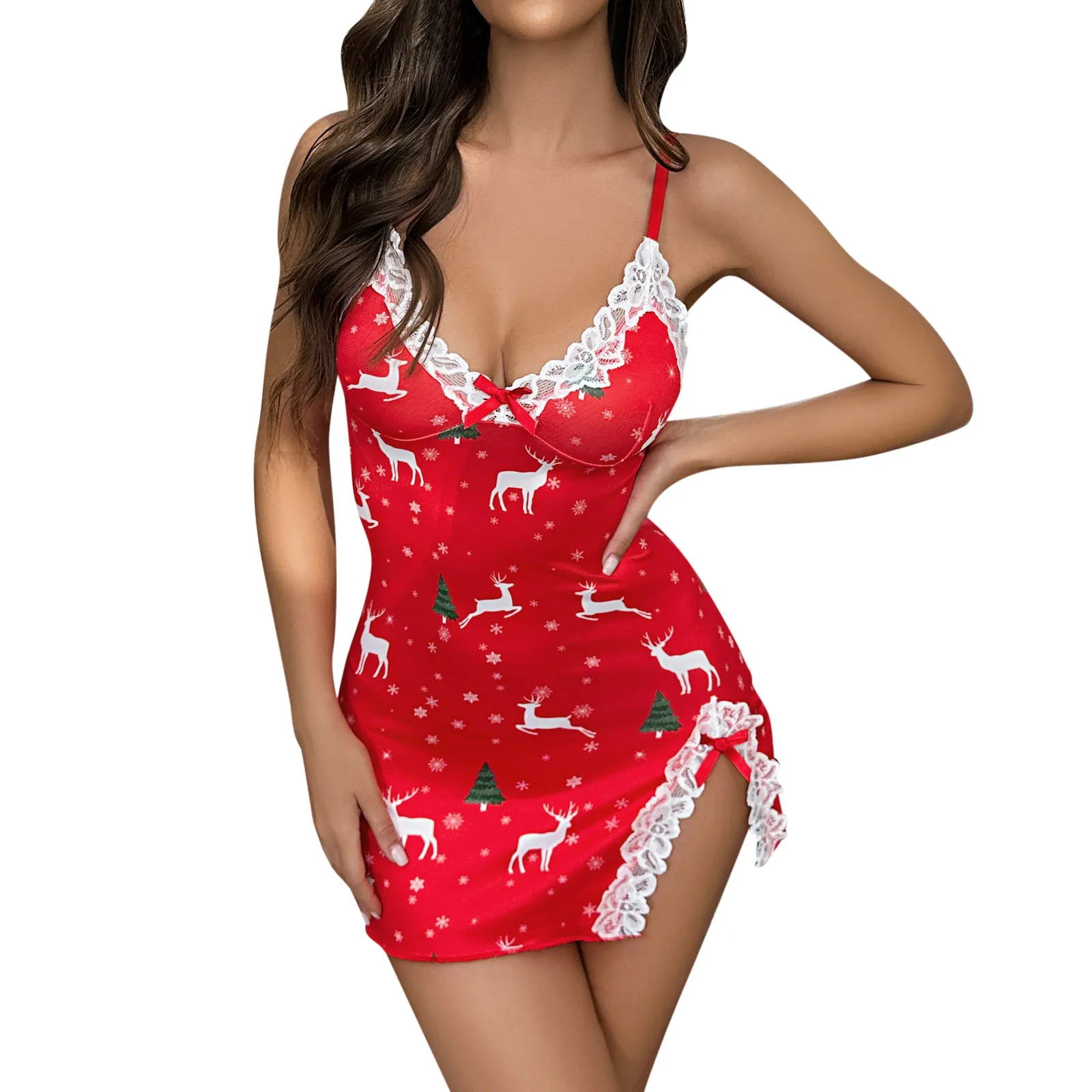 

Новинка 2023, рождественские костюмы, сексуальная ночная рубашка на бретельках с v-образным вырезом, женское нижнее белье с кружевной отделкой, пижамы с разрезом, ночные рубашки, ночнушка, женская пижама