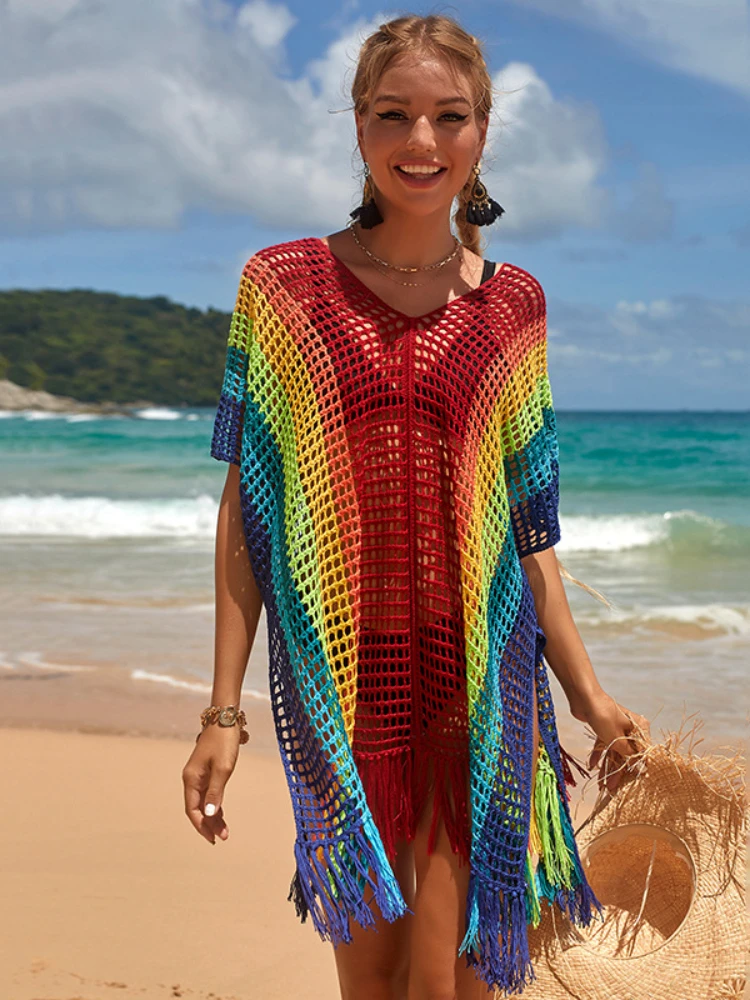 

New Knitted Rainbow Beach Skirt Women's Summer Seaside Holiday Sunscreen Shirt Sexy Bikini Blouse Cover Ups for Swimwear Women