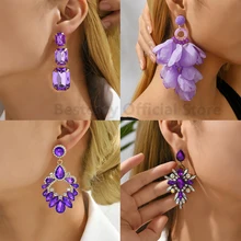 Purple Collection Fashion Crystal Drop Dangle Earrings For Women Designer Luxury Trendy Heart Petals Round Pendant Party Jewelry