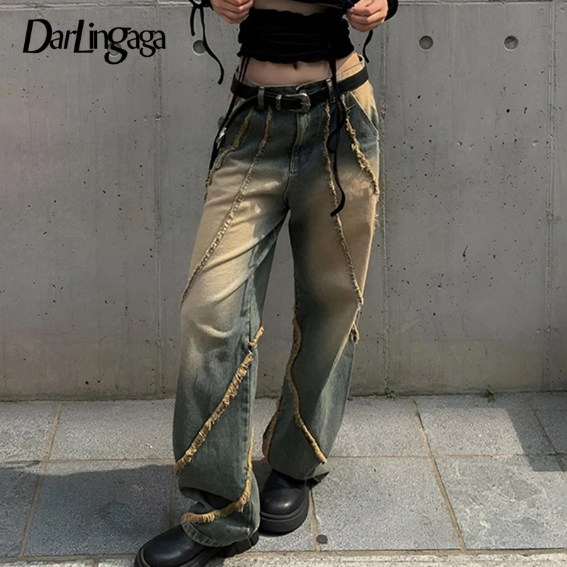 

Darlingaga Fairycore y2k Stitched Burr Women Jeans Streetwear Vintage Distressed Denim Pants Washed Grunge Baggy Trousers Design