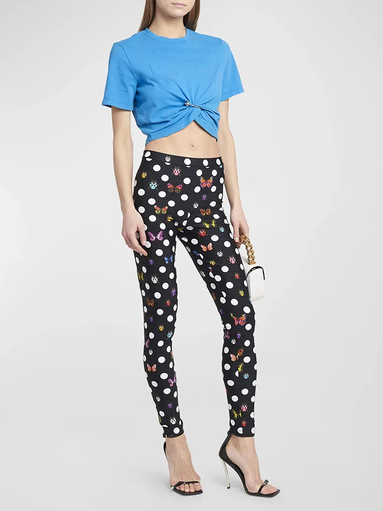 

y2k spring and summer polka dot butterfly print stretch Women's pants2023korean fashion high waist straight slim womans clothing