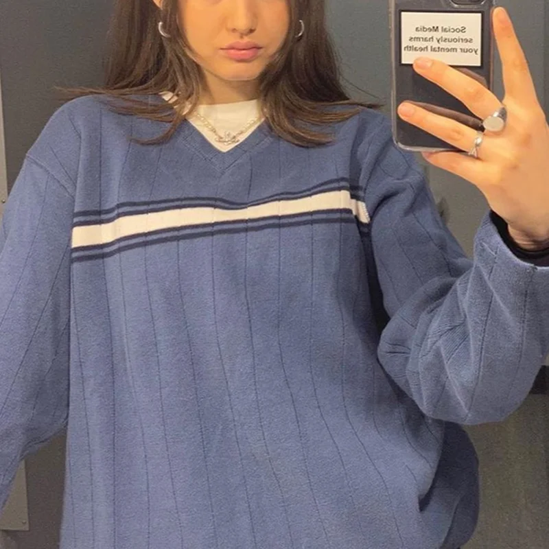 Preppy Style V-neck y2k Pullovers Women Autumn V-neck Loose Striped Sweaters Vintage Korean Knitwear Aesthetic 90s Knitted Tops
Preppy Style V-neck y2k Pullovers Women Autumn V-neck Loose Striped Sweaters Vintage Korean Knitwear Aesthetic 90s Knitted Tops