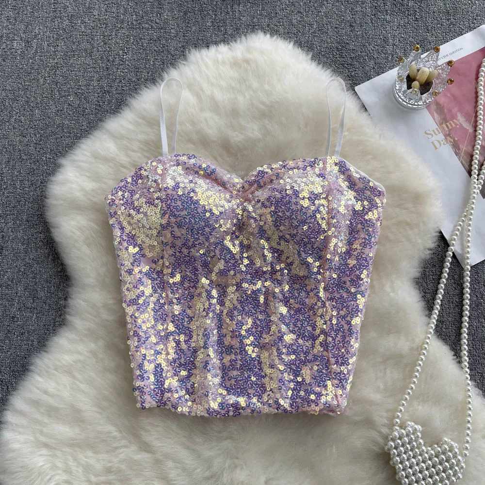 Women Sequined Tank Tops Backless With Chest Pad Sexy Corset Gradient Sleeveless Camis Korean Fashion Streetwear Female Crop Top
Women Sequined Tank Tops Backless With Chest Pad Sexy Corset Gradient Sleeveless Camis Korean Fashion Streetwear Female Crop Top