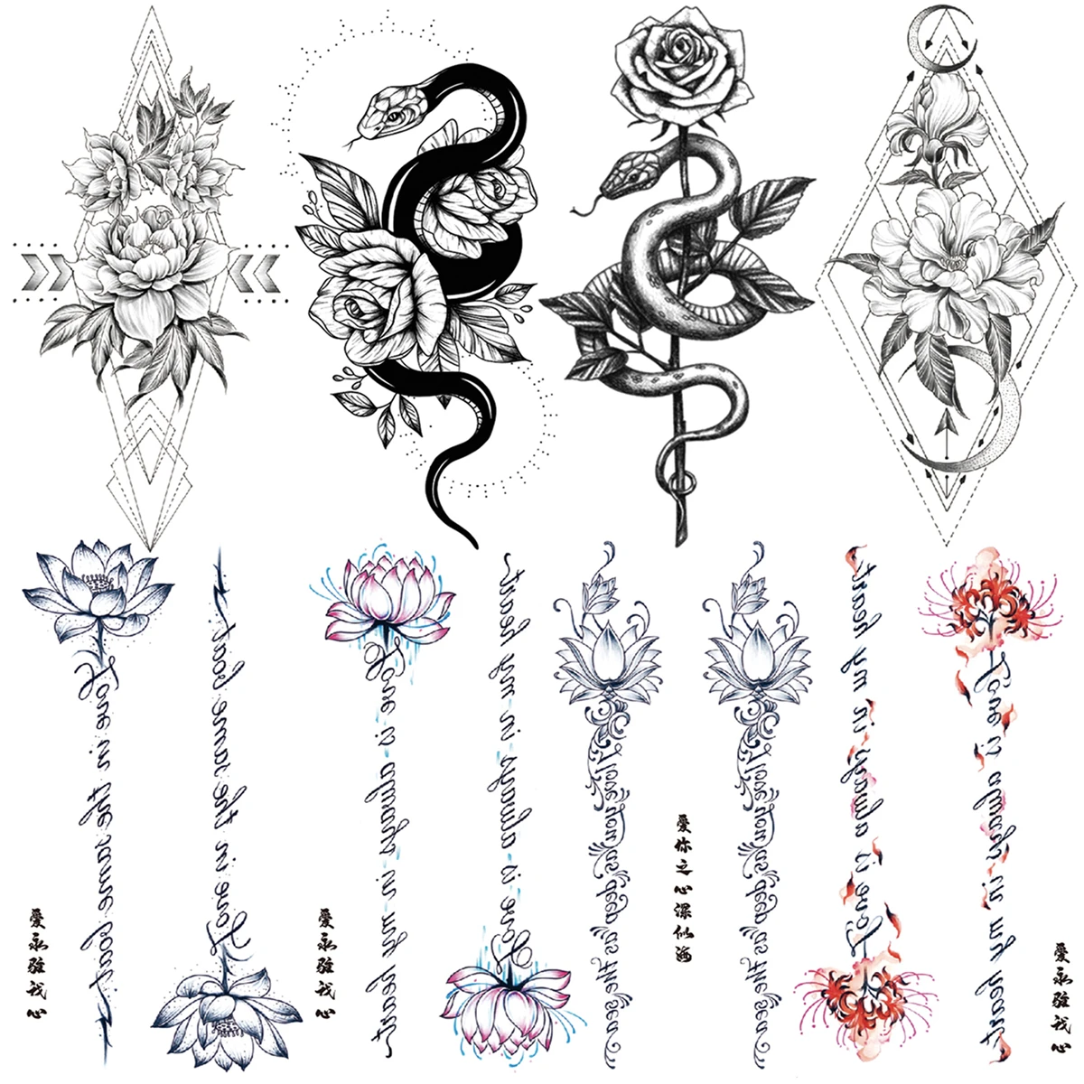 Geometric Rose Flower Snake Temporary Tattoos For Women Adult Lotus Hyacinth Letters String Fake Tattoo Body Art Washable Tatoos
Geometric Rose Flower Snake Temporary Tattoos For Women Adult Lotus Hyacinth Letters String Fake Tattoo Body Art Washable Tatoos