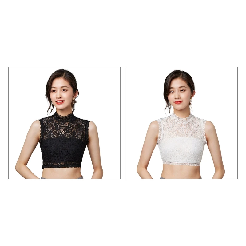 

Women Sleeveless Mock Neck Detachable Collar See Through Floral Lace Half Shirt Blouse Layering Dickey Pullover Crop Top