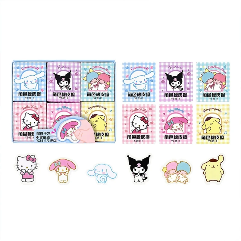 

Sanrio Kawaii Eraser 12/24pcs Creative Hello Kitty Melody Kuromi Cartoon Cute Rubber Pupils Prizes Wholesale Students Stationery