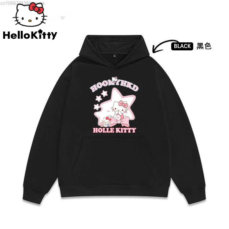 

Sanrio Hello Kitty Fashion Cute Black Hoodie Women Men Kawaii Loose Hooded Sweater Clothes Hip Hop Y2k Grunge Top Harajuku Emo