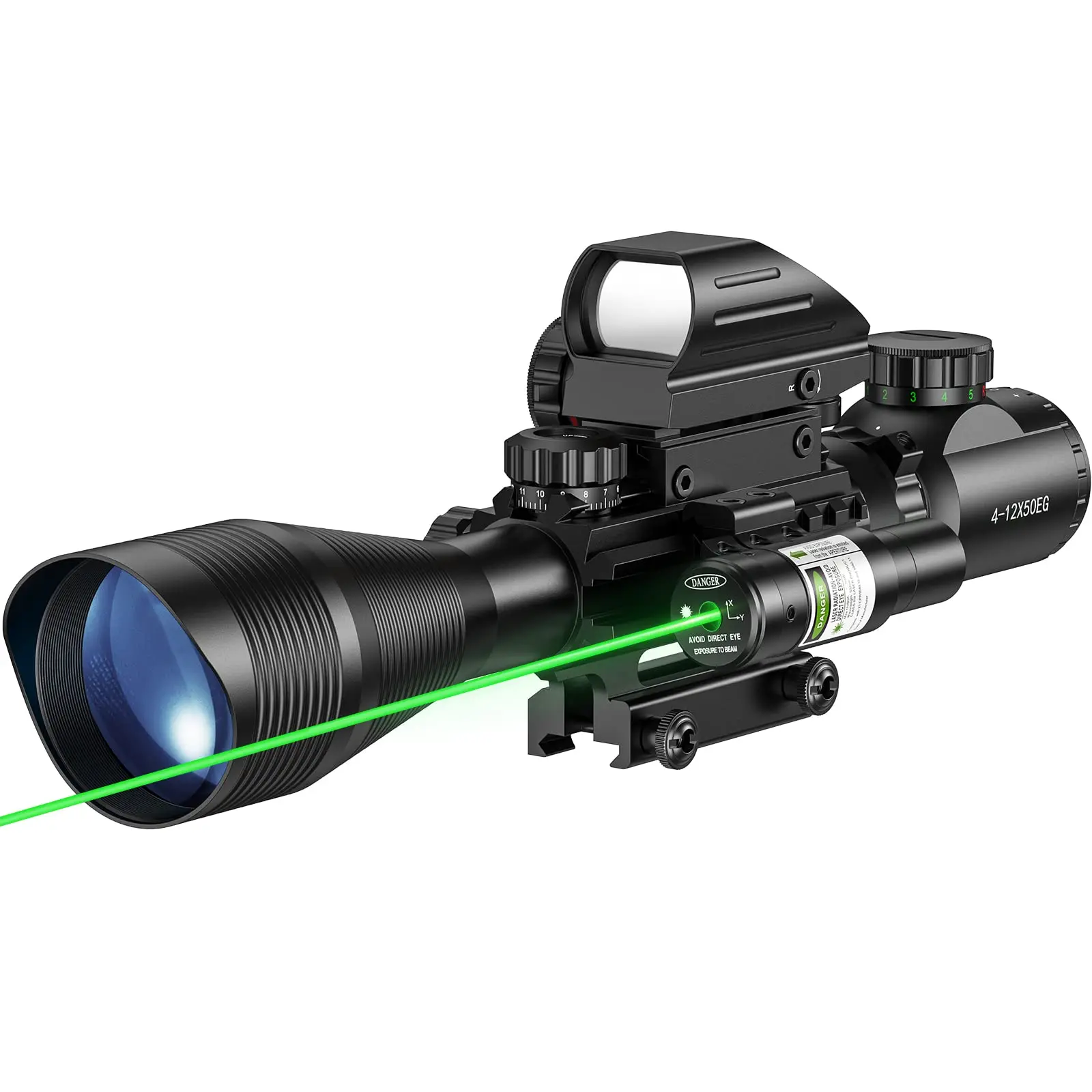 Tactical 4-12x50EG Dual Illuminated Optics Laser Sight 4 Holographic Reticle Green Dot Sight 20mm Rilfe Scope Riflescope Combo
Tactical 4-12x50EG Dual Illuminated Optics Laser Sight 4 Holographic Reticle Green Dot Sight 20mm Rilfe Scope Riflescope Combo