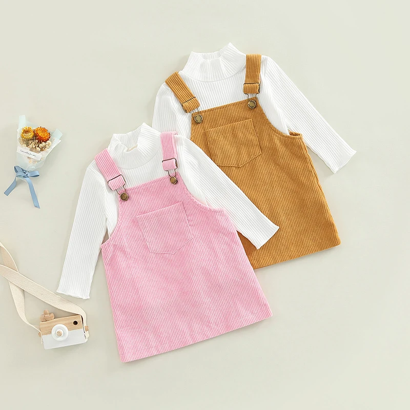 

1-5T Kids Baby Girls 2Pcs Suit Rib Long Sleeve Turtleneck Bottoming Tops + Pocket Decorative Bib Corduroy Suspender Skirt Set