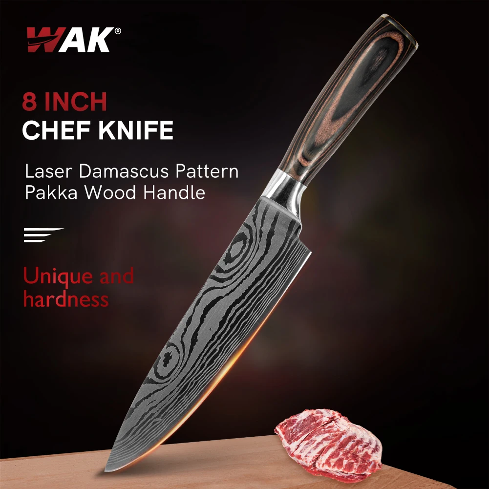 WAK Sharp 8Inch Chef Knife Laser Damascus Pattern Kitchen Knives 5Cr15 Stainless Meat Vegetables Cutting Knives Kitchen Knives
WAK Sharp 8Inch Chef Knife Laser Damascus Pattern Kitchen Knives 5Cr15 Stainless Meat Vegetables Cutting Knives Kitchen Knives