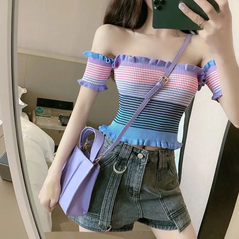 Candy color rainbow stripes a line neck sexy top women offthe-shoulder summer new wooden ear edge pleated T-shirt Harajuku style
Candy color rainbow stripes a line neck sexy top women offthe-shoulder summer new wooden ear edge pleated T-shirt Harajuku style