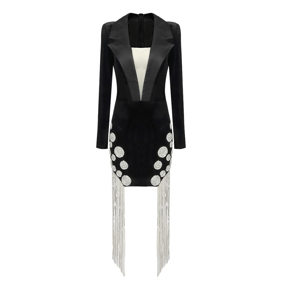 VC Women Sexy Dress Tassels Design Long Sleeves Mesh Patchwork Black Velvet Dress For Special Events 2023 Autumn Winter New
VC Women Sexy Dress Tassels Design Long Sleeves Mesh Patchwork Black Velvet Dress For Special Events 2023 Autumn Winter New