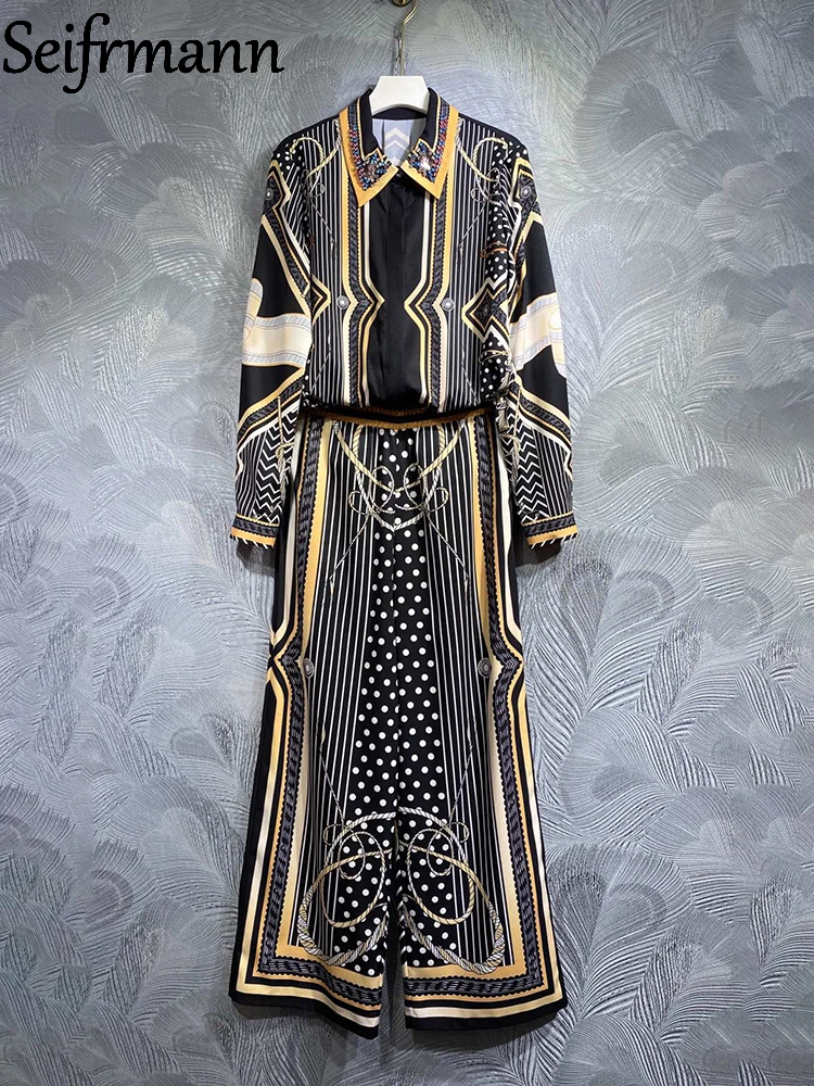 Seifrmann High Quality Summer Women Fashion Runway Pants Sets Lantern Long Sleeve Loose Blouses + Dot Print Wide Leg Pants Suits
Seifrmann High Quality Summer Women Fashion Runway Pants Sets Lantern Long Sleeve Loose Blouses + Dot Print Wide Leg Pants Suits