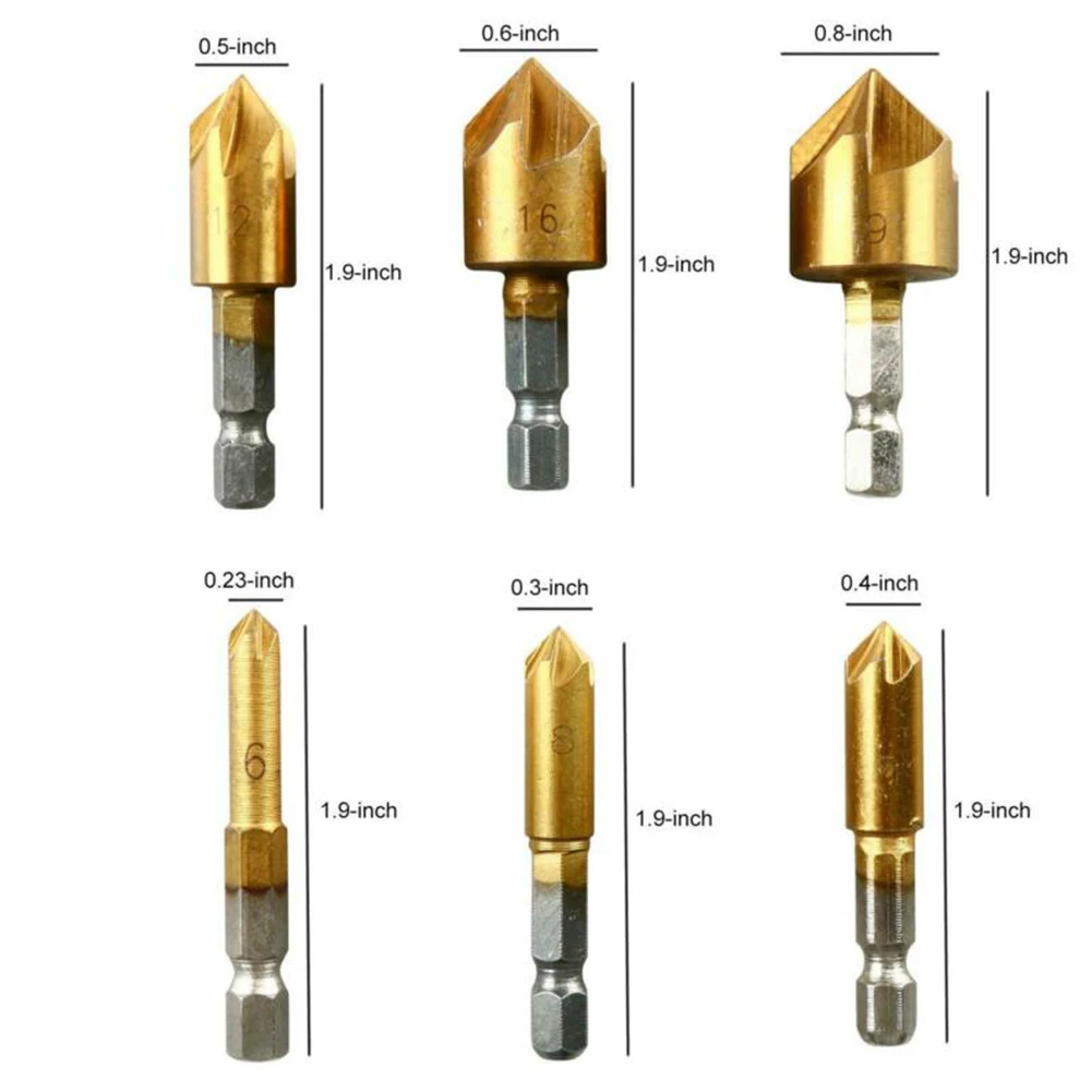 6pcs 6-19mm Hex Shank 90 Degrees Countersink Drill Bit Set With Center Punch For Wood Soft Metals Drilling Accessories
6pcs 6-19mm Hex Shank 90 Degrees Countersink Drill Bit Set With Center Punch For Wood Soft Metals Drilling Accessories