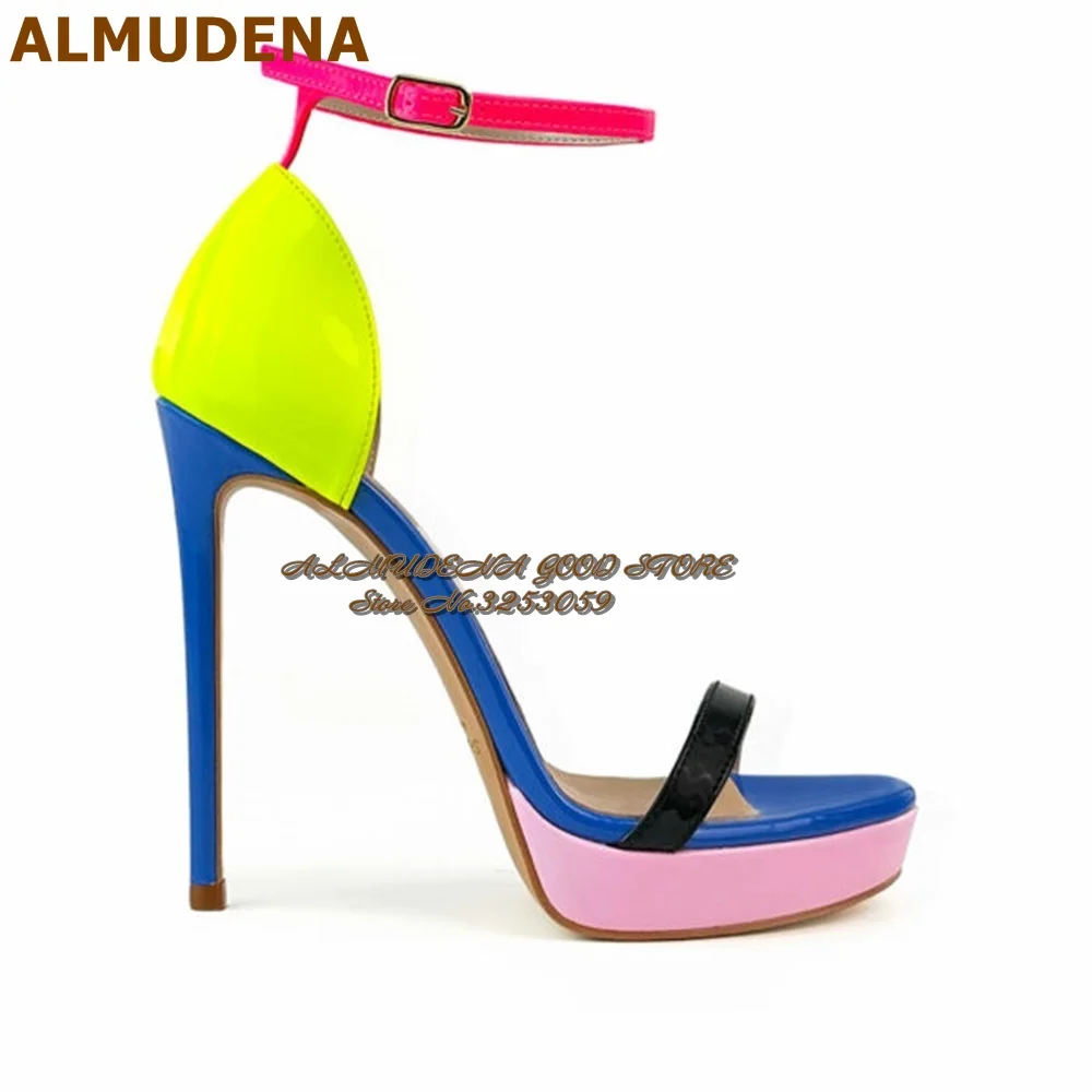 ALMUDENA Neon Yellow Patent Leather Pink Blue Patchwork Sandals Mirror Leather Stiletto Heels Platform Dress Pumps Buckle Strap
ALMUDENA Neon Yellow Patent Leather Pink Blue Patchwork Sandals Mirror Leather Stiletto Heels Platform Dress Pumps Buckle Strap