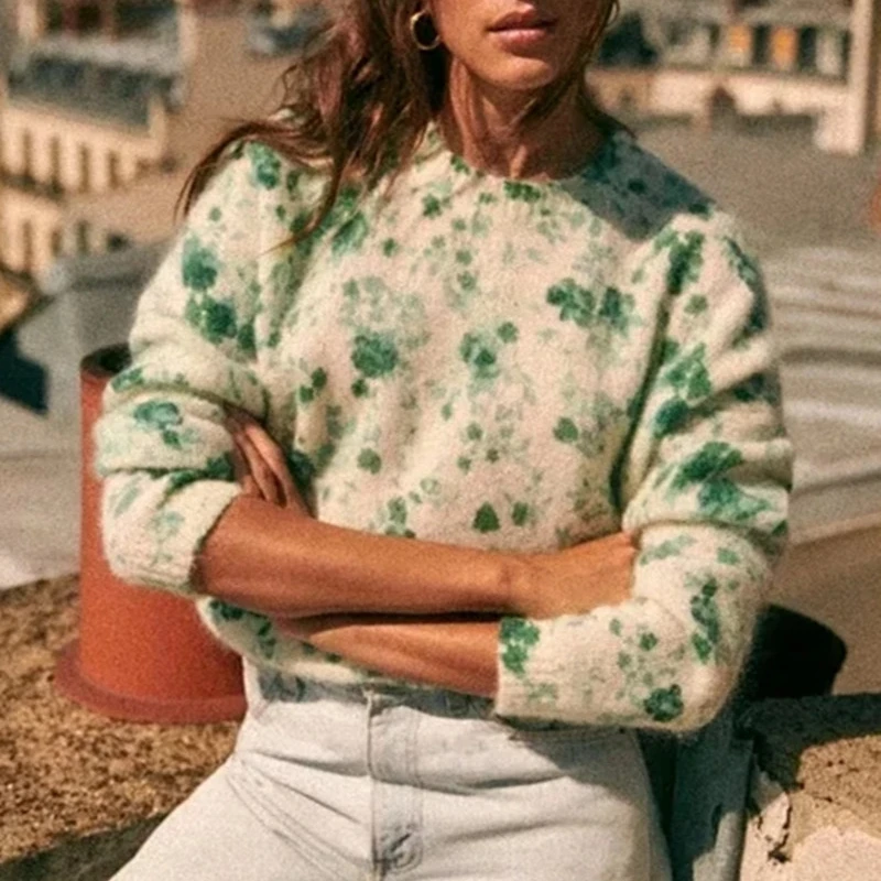 Wool Mohair Blends Women Green Floral Print Retro Sweater O-neck Long Sleeve fashion Female knit Jumper
Wool Mohair Blends Women Green Floral Print Retro Sweater O-neck Long Sleeve fashion Female knit Jumper