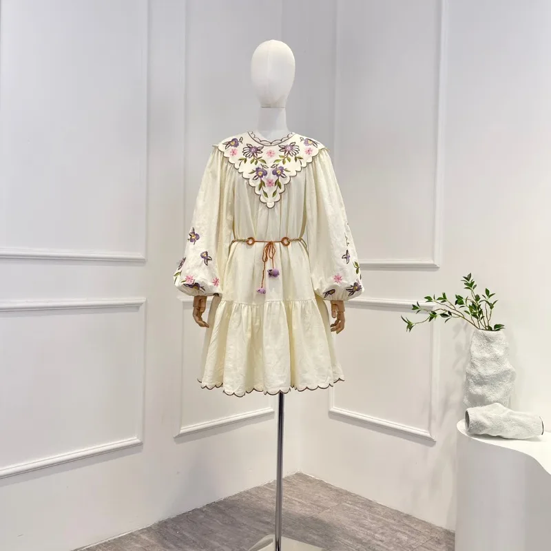 

2023 Summer Autumn Flora Long Sleeve Draw String Scallop Embroidery Mini Dress for Women Fashion