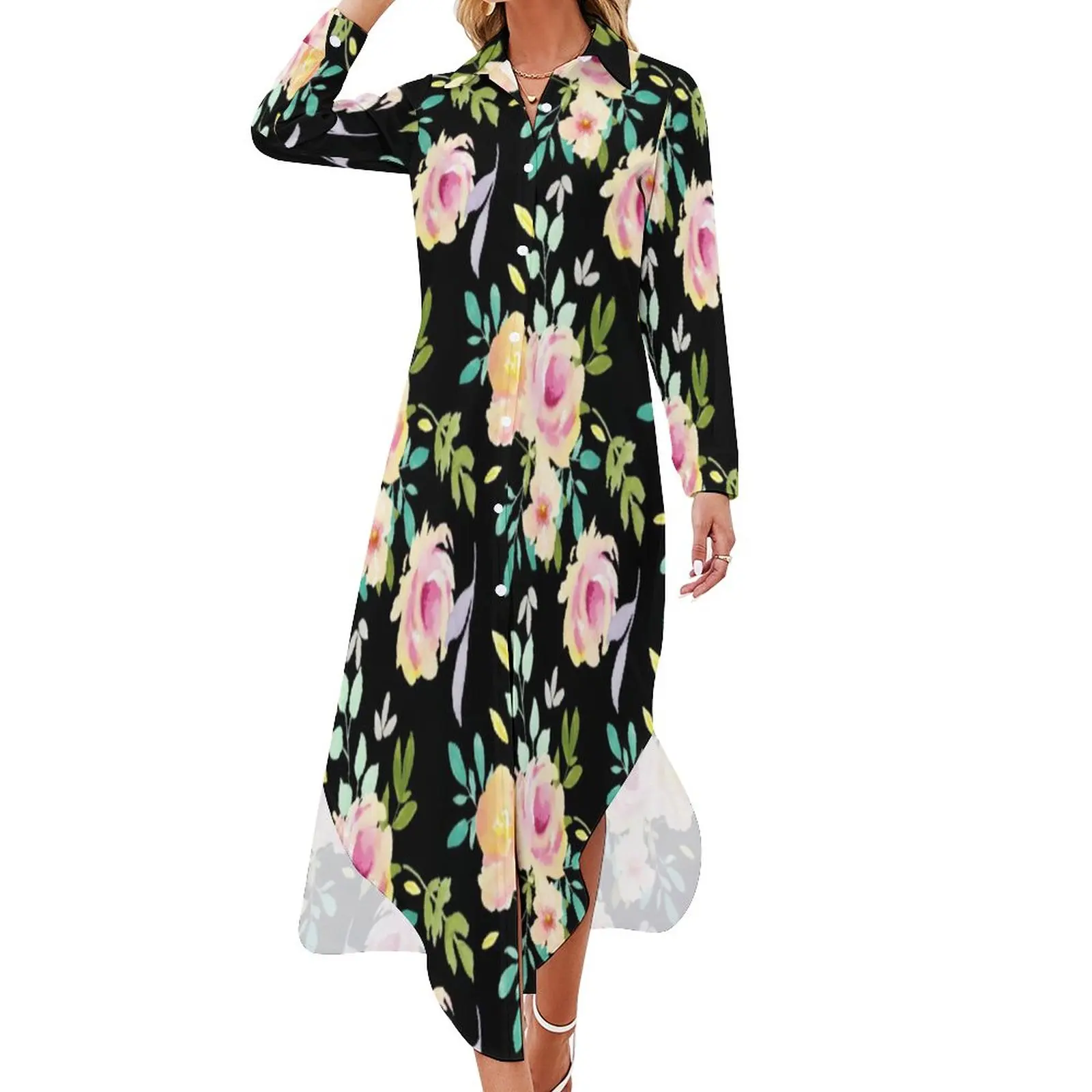 Watercolor Floral Print Chiffon Dress Pink and Peach Flowers Retro Dresses Long Sleeve Aesthetic V Neck Big Size Casual Dress 
Watercolor Floral Print Chiffon Dress Pink and Peach Flowers Retro Dresses Long Sleeve Aesthetic V Neck Big Size Casual Dress