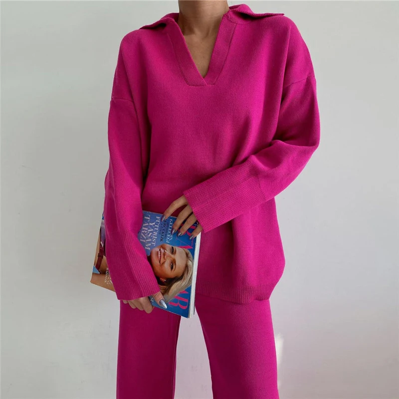 Women's V-Neck Knitted 2 Piece Set Lapel Long-Sleeved Pullover Sweater Pants Suit Autumn Winter Thicken Office Lady Outfit
Women's V-Neck Knitted 2 Piece Set Lapel Long-Sleeved Pullover Sweater Pants Suit Autumn Winter Thicken Office Lady Outfit