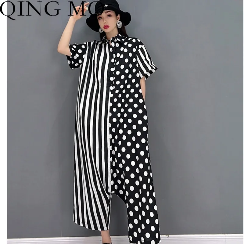 

QING MO Women Short Sleeve Jumpsuit Thin Loose Wild Stripe Polka Dots Print Casual Irregular Jumpsuit Gray 2023 Summer LHX950A