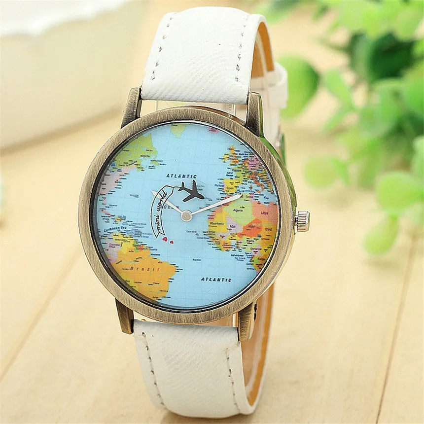 Cool Mini World Fashion Quartz Watch Men Unisex Map Airplane Travel Around The Women Leather Dress Wrist Watches 1pc |