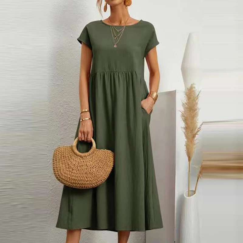 Women Elegant Solid Maxi Dress Summer Short Sleeve O Neck Vintage Harajuku Cotton Linen Loose Sundress Pockets Long Dress
Women Elegant Solid Maxi Dress Summer Short Sleeve O Neck Vintage Harajuku Cotton Linen Loose Sundress Pockets Long Dress