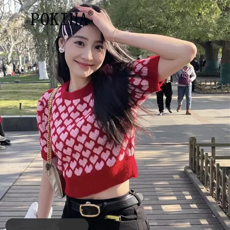 Pokiha New Fashion Women Jacquard Knitting Prints Cropped Sweater Short Sleeve Sweet Elegant Female Pullovers Chic Tops 
Pokiha New Fashion Women Jacquard Knitting Prints Cropped Sweater Short Sleeve Sweet Elegant Female Pullovers Chic Tops