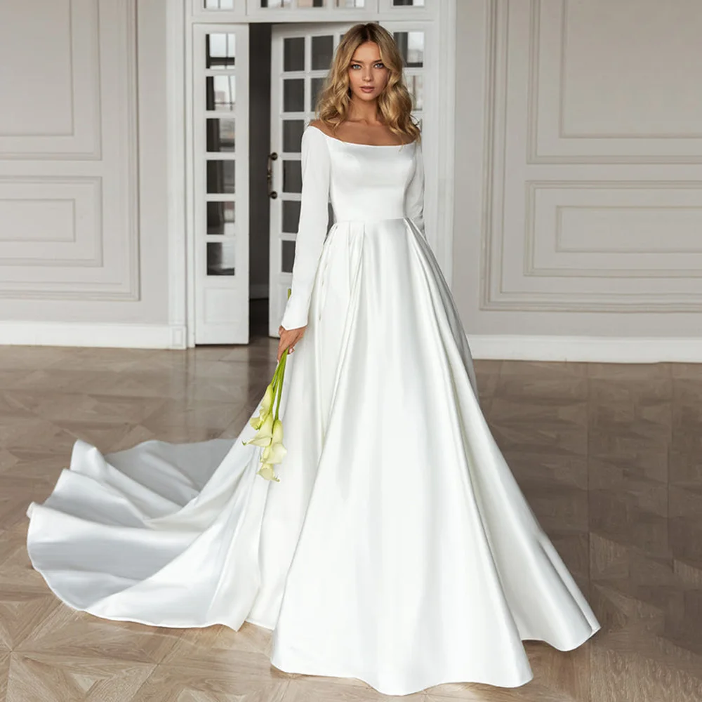 White Illusion Scoop Neck Satin Wedding Dresses Backless A Line Sweep Train Long Sleeves Simple Bridal Gowns Elegant For Bride
White Illusion Scoop Neck Satin Wedding Dresses Backless A Line Sweep Train Long Sleeves Simple Bridal Gowns Elegant For Bride