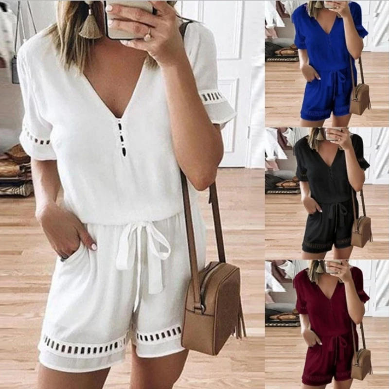 Kuelawear Sexy Shorts Jumpsuits Summer Women's Playsuit Casual V Neck Loose Drawstring Waist Jumpsuit Sleeve Ladies Tops
Kuelawear Sexy Shorts Jumpsuits Summer Women's Playsuit Casual V Neck Loose Drawstring Waist Jumpsuit Sleeve Ladies Tops
