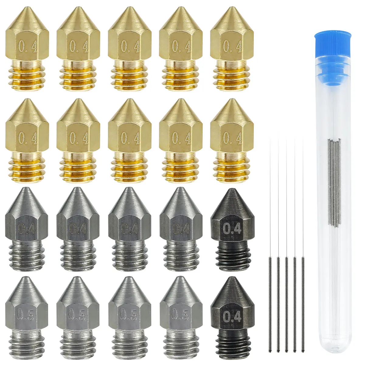 3D Printer Nozzles 25pcs MK8 Extruder Nozzles 0.4mm 0.5 mm Hardened Steel Stainless Seel Brass 3D Printer Nozzle Cleaning Needle
3D Printer Nozzles 25pcs MK8 Extruder Nozzles 0.4mm 0.5 mm Hardened Steel Stainless Seel Brass 3D Printer Nozzle Cleaning Needle