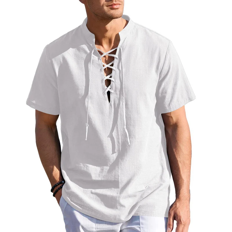 Men’s Summer Henley Shirts Lightweight Short Sleeve Cross Tie-up Front Solid Color Viking Shirt Beach Tops 
Men’s Summer Henley Shirts Lightweight Short Sleeve Cross Tie-up Front Solid Color Viking Shirt Beach Tops