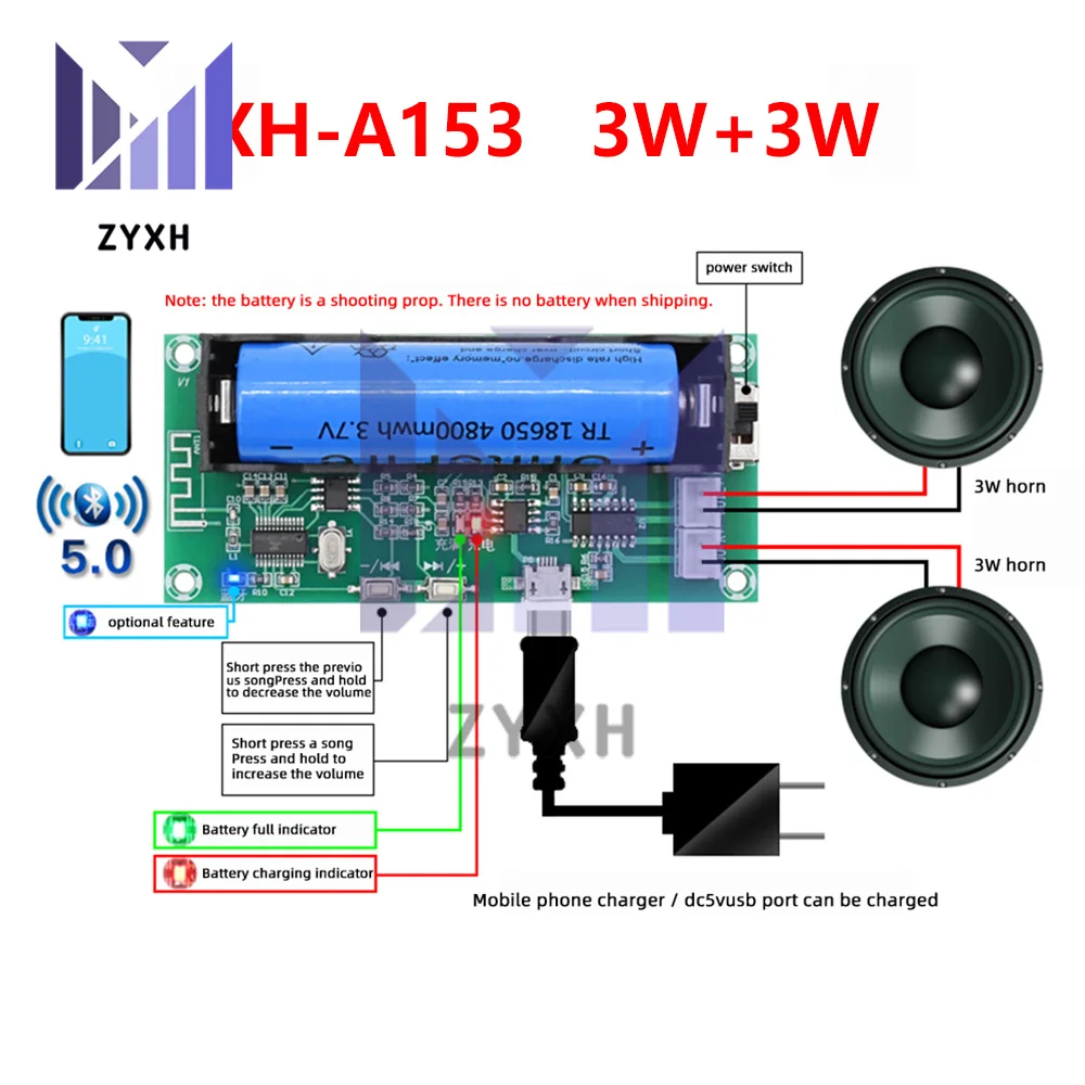 

XH-A153 Lithium Battery Bluetooth 5.0 Amplifier Board DC 5V 3W+3W Dual Channel 2 Ch Stereo Low Power Audio AMP PAM8403 Chip