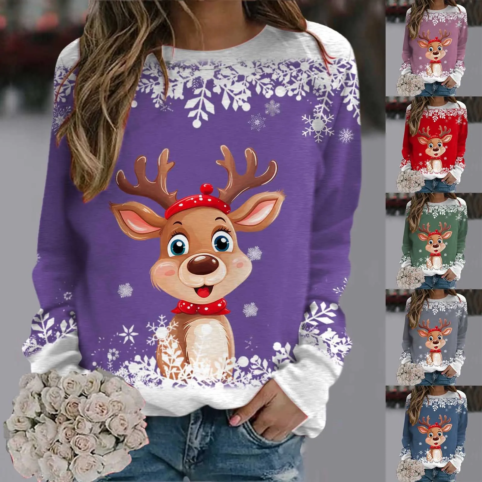 

Sweaters For Women Christmas Teen Girls Long Sleeve Crewneck Sweatshirt Cute Reindeer Graphic Xmas Shirts Full Zip Thin Fleece