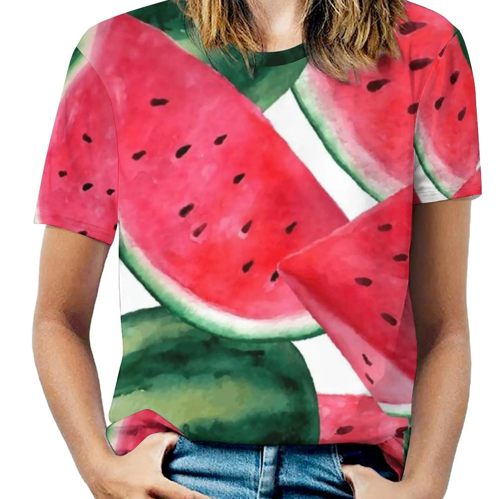 

Watermelon. Watercolor Tropical Fruit Women T-Shirt Crewneck Casual Short Sleeve Tops Summer Tees Watermelon Pattern Food Sweet