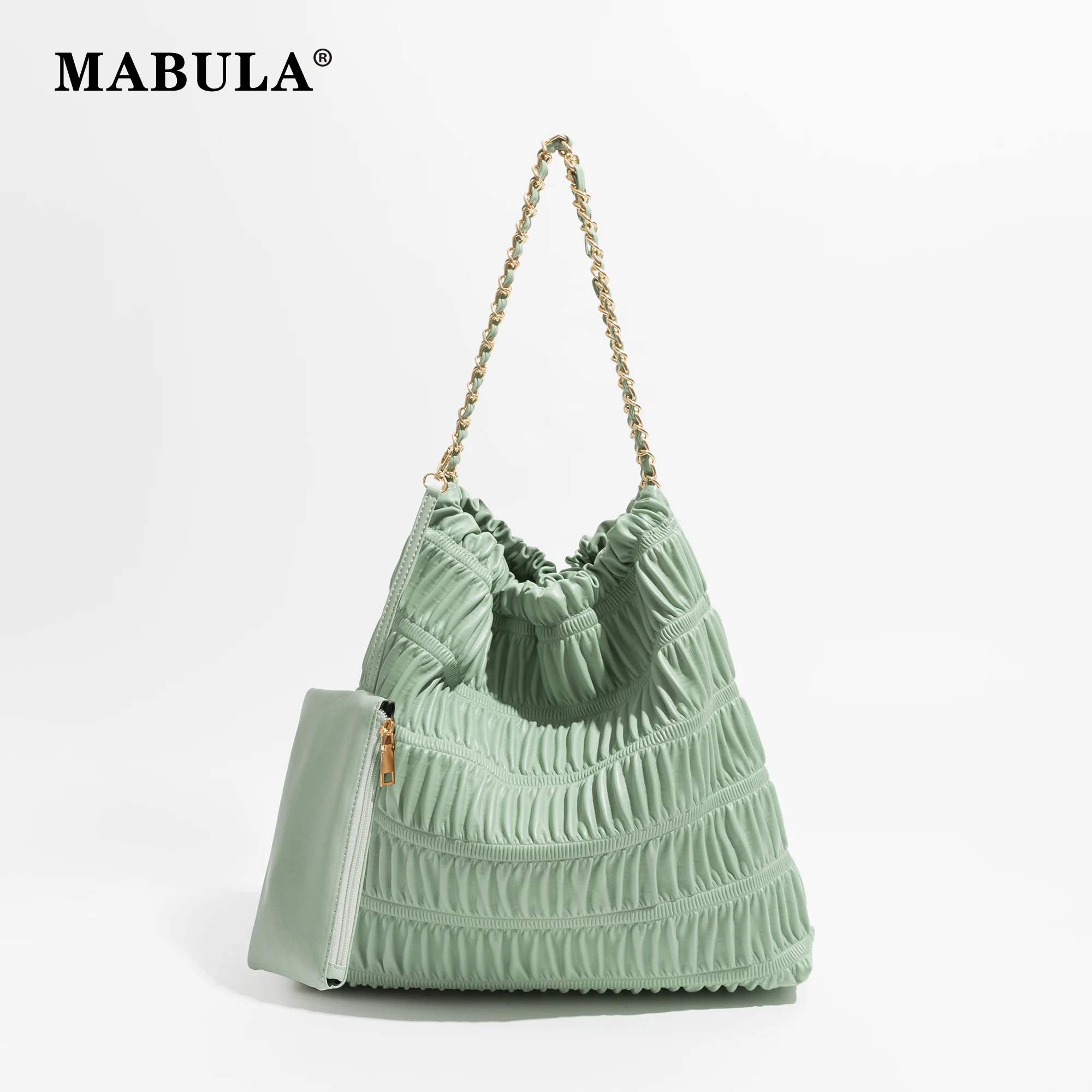 

MABULA Chain Quilted Vegant Leather Hobo Bag Set 2 Pcs Vintage Ruched Square Shoulder Purse Large Women Tote Handbag