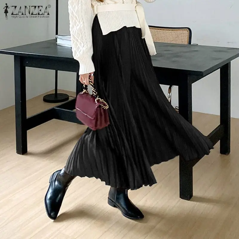 

2022 Spring High Waist Midi Mujer Falda ZANZEA Fashion OL Pleated Jupe Femme Paty Swing A Line Skirts Women Elegant Satin Skirts