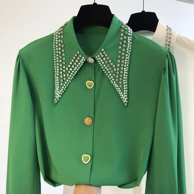 White Slimming Chiffon Long-Sleeved Shirt Women's Top 2022 Spring and Autumn New Diamonds Buttons Chiffon Blouse Ladies Shirts 
White Slimming Chiffon Long-Sleeved Shirt Women's Top 2022 Spring and Autumn New Diamonds Buttons Chiffon Blouse Ladies Shirts