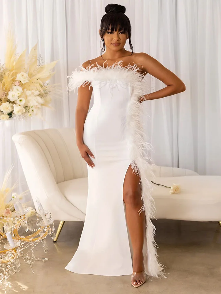 Summer Temperament Commutingstrapless Feather Dresses Sexy Backless White Dress Tight Right Slit Floor Dragging Evening Dress
Summer Temperament Commutingstrapless Feather Dresses Sexy Backless White Dress Tight Right Slit Floor Dragging Evening Dress
