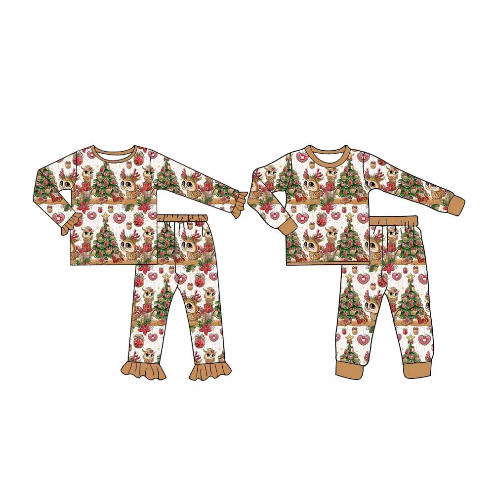 

Рождественский пижамный комплект для мальчиков и девочек, длинные штаны, пижама с длинным рукавом, милая сова + Рождественская елка, узор, молочная шелковая ткань