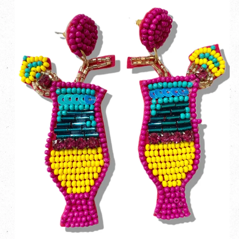 

COCKTAIL BEADED EARRINGS -Hot Pink -Saguaro Cactus Sunflower Beaded Embellished Earrings for Women Seed Bead Jewelry Party Favor