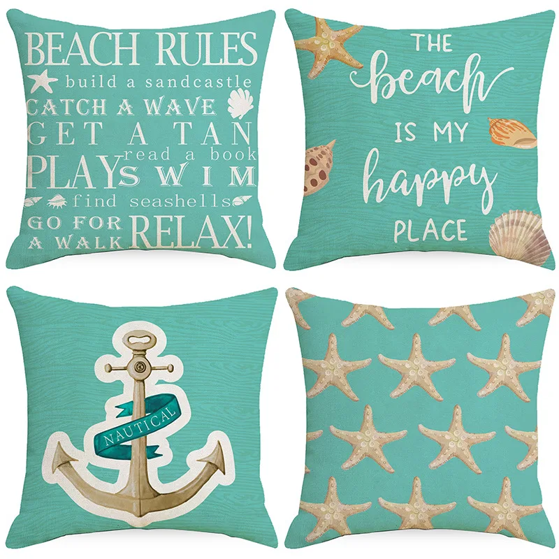 

45*45cm Summer Ocean Blue Pillowcase Throw Pillow Cover Starfish Anchor Cushion Cover Sofa Car Decor Pillow Case Home Pillowslip