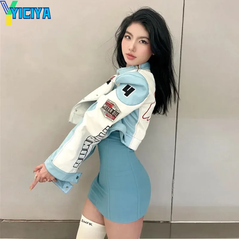 

YICIYA Bomber Woman Short Race Car Jacket Vintage Embroidery Long Sleeves American Varsity Baseball Jackets Bombers Y2k Coats