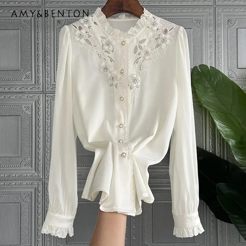 

Spring French Style White Shirt for Women 2023 New Fashionable Stringy Selvedge Stand Collar Long Sleeve Blouse Camisas De Mujer