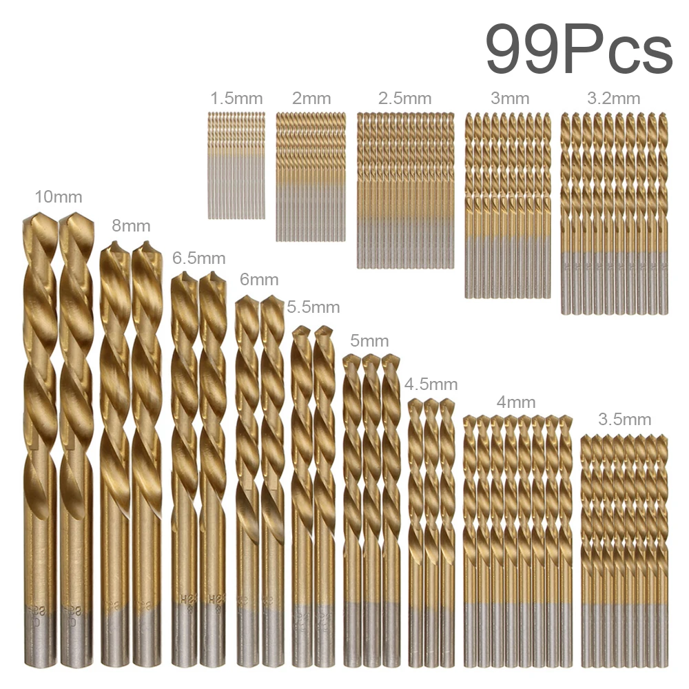 99pcs Drill Bits Titanium Plating HSS Twist Drill Bits Coated Set 1.5MM - 10MM High Speed Steel Drilling Metal for Power Tools
99pcs Drill Bits Titanium Plating HSS Twist Drill Bits Coated Set 1.5MM - 10MM High Speed Steel Drilling Metal for Power Tools