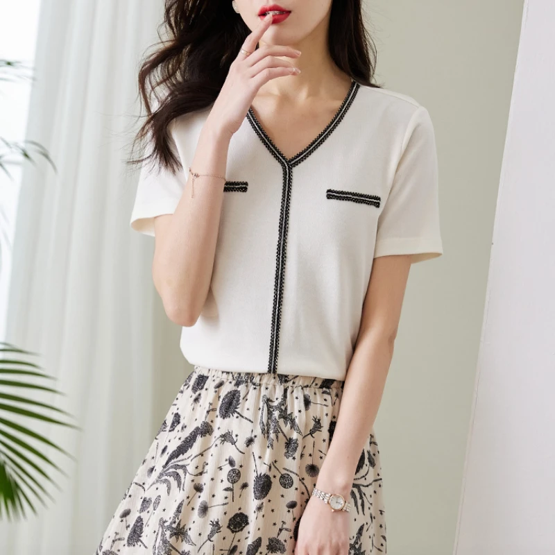 Cotton Women's T-shirts Summer 2023 New Loose Knit Patchwork Tees Short Sleeves Top V-neck Ladies Clothing YCMYUNYAN
Cotton Women's T-shirts Summer 2023 New Loose Knit Patchwork Tees Short Sleeves Top V-neck Ladies Clothing YCMYUNYAN