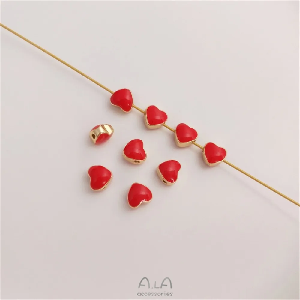 

14K gold covered with oil, red small heart, separated by beads, red heart, handmade beads, DIY bracelet accessories