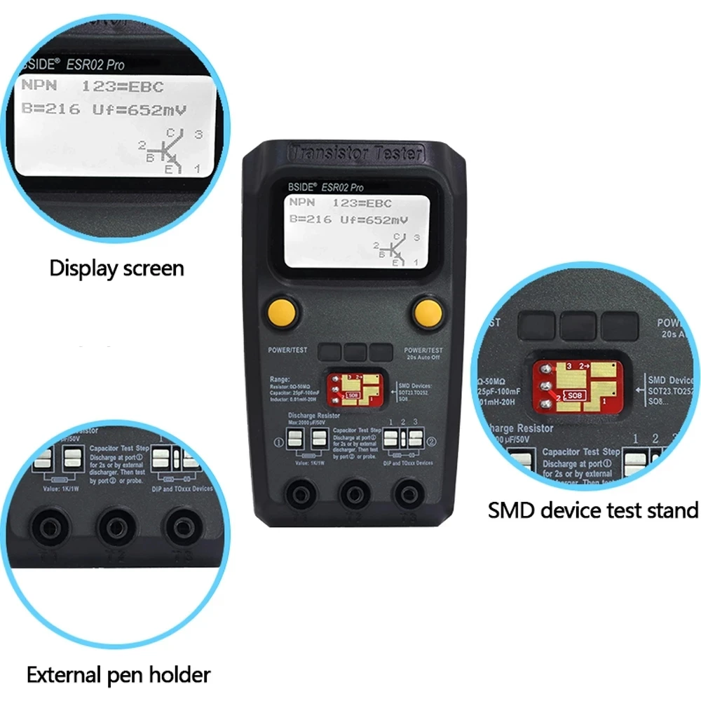 Multi-purpose Transistor ESR/SMD Tester BSIDE ESR02pro Smart Diode Triode Capacitance Resistor Meter LCD meter MOS/PNP/NPN test |